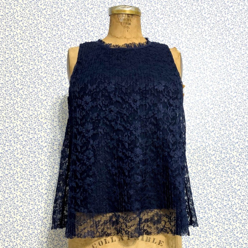Blue Lace Mock Neck Sleeveless Blouse